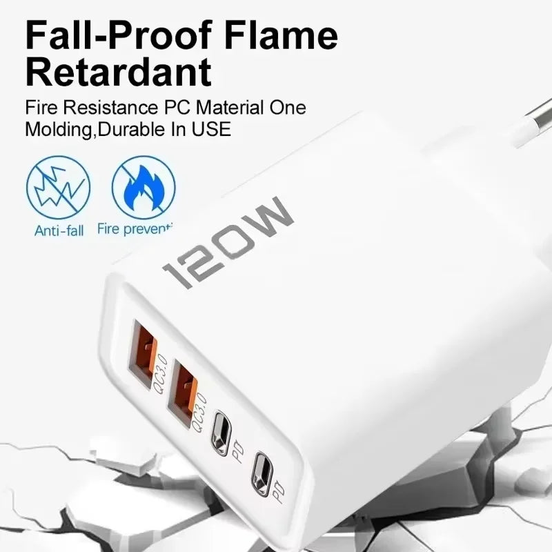 120W 4 Port USB Type C Charger Fast Charging Data Cable USB Phone Charger Adapter for Samsung iPhone Xiaomi Huawei Wall Charger Zpaxo