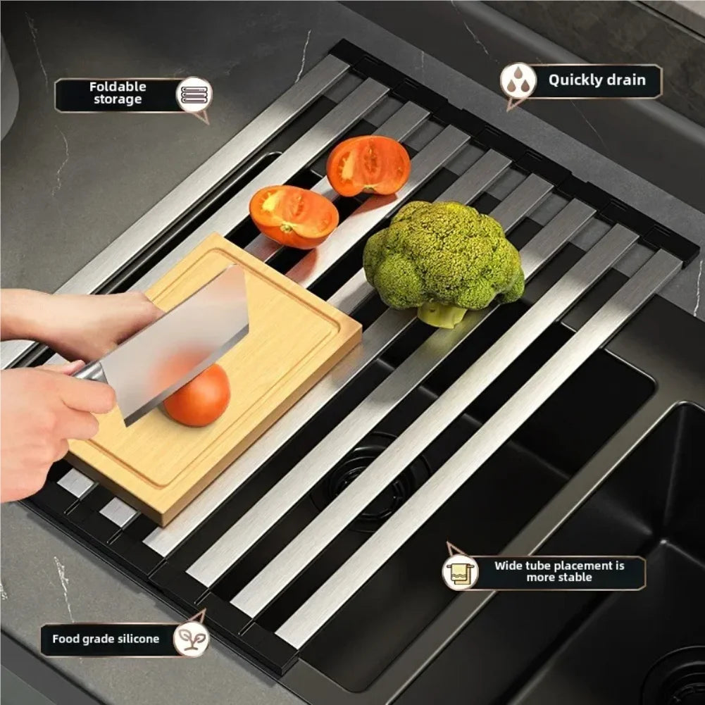 304 Stainless Steel Kitchen Sink Drain Rack Sink Bowl and Dish Storage Rack Foldable and Retractable Drain Basket Placema Zpaxo