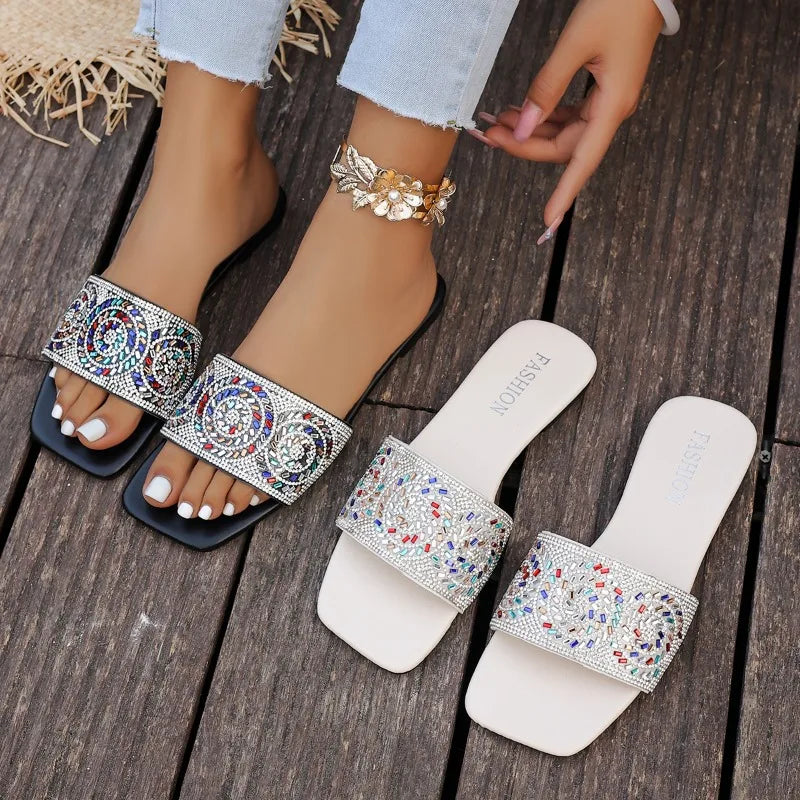 Slippers Women Shiny Rhinestone Outdoor Beach Open Toe Female Casual Zpaxo