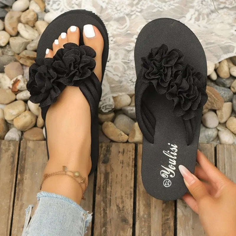45 Flower Decor Flip Flops Women 2026 Summer Clip Toe Platform