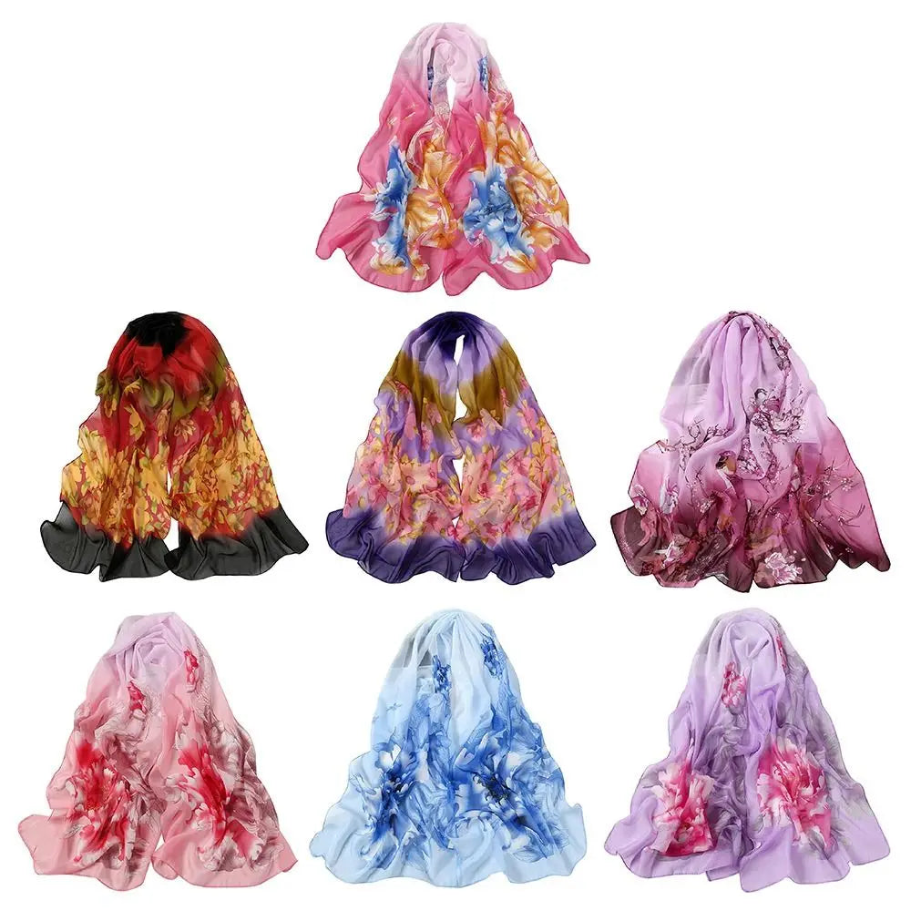 Elegant 160*50cm Chiffon Scarf Sunscreen Gradient Shawl Silk Flower Print Washable Beach Gauze Scarf for Women Zpaxo