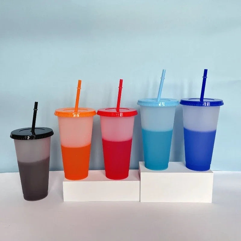 Hot 710ML PP Temperature Sensitive Color Changing Plastic Cup 24oz Large Capacity Water Cup Single-layer Transparent Straw Cup Zpaxo
