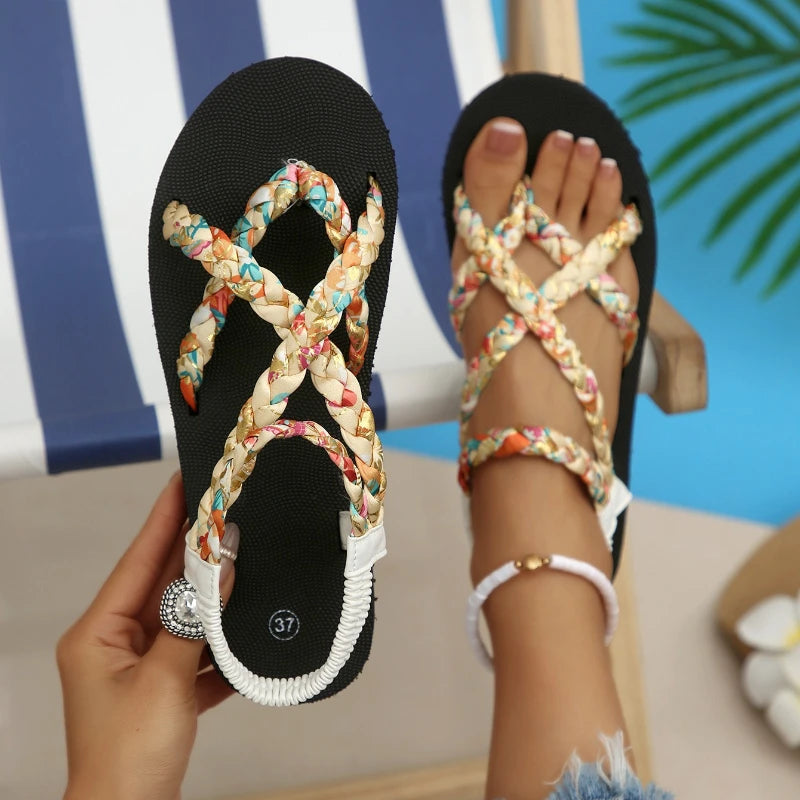 Outdoor Women Sandals Trend Floral Printing Flat Sandals Women Lightweight Slip on Beach Shoes Woman Braided Band Bohemian Shoes Zpaxo