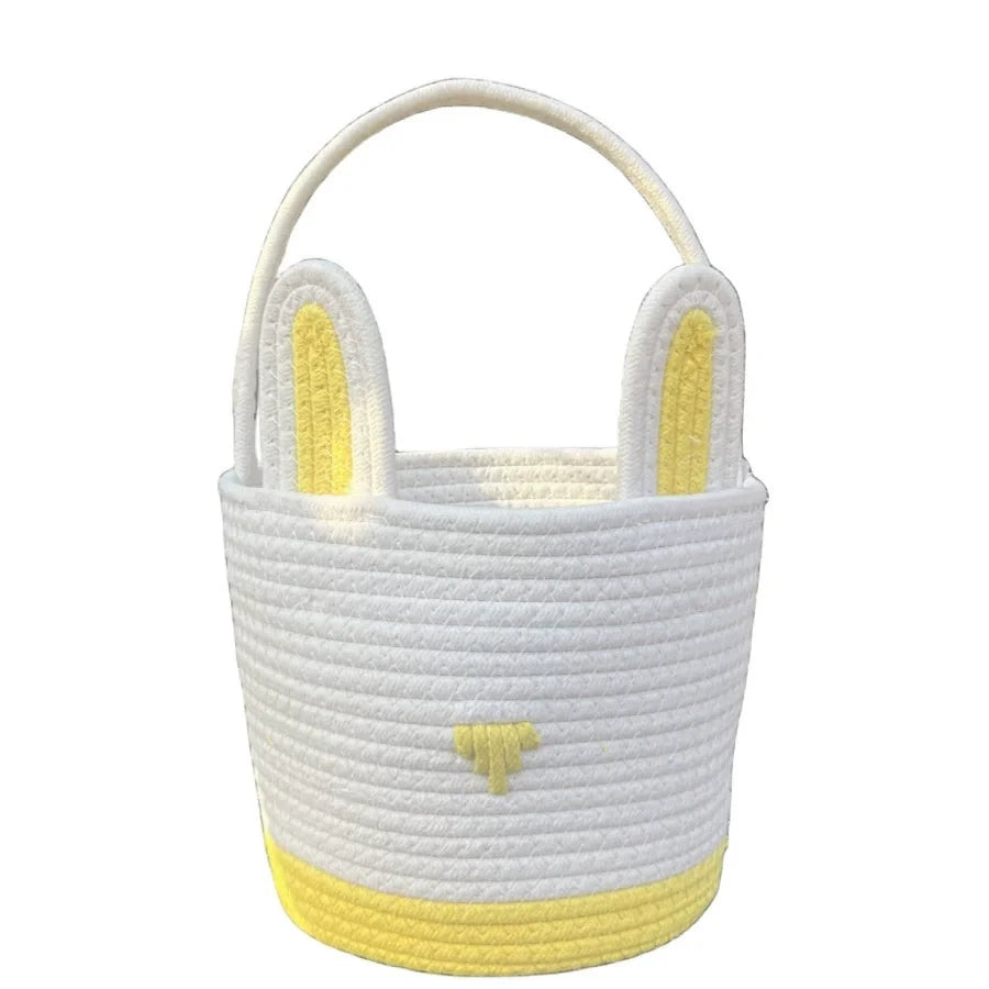 Easter Bunny Basket for Kids – Woven Cotton with Rabbit Ears Easter Gift Basket Zpaxo Yellow White