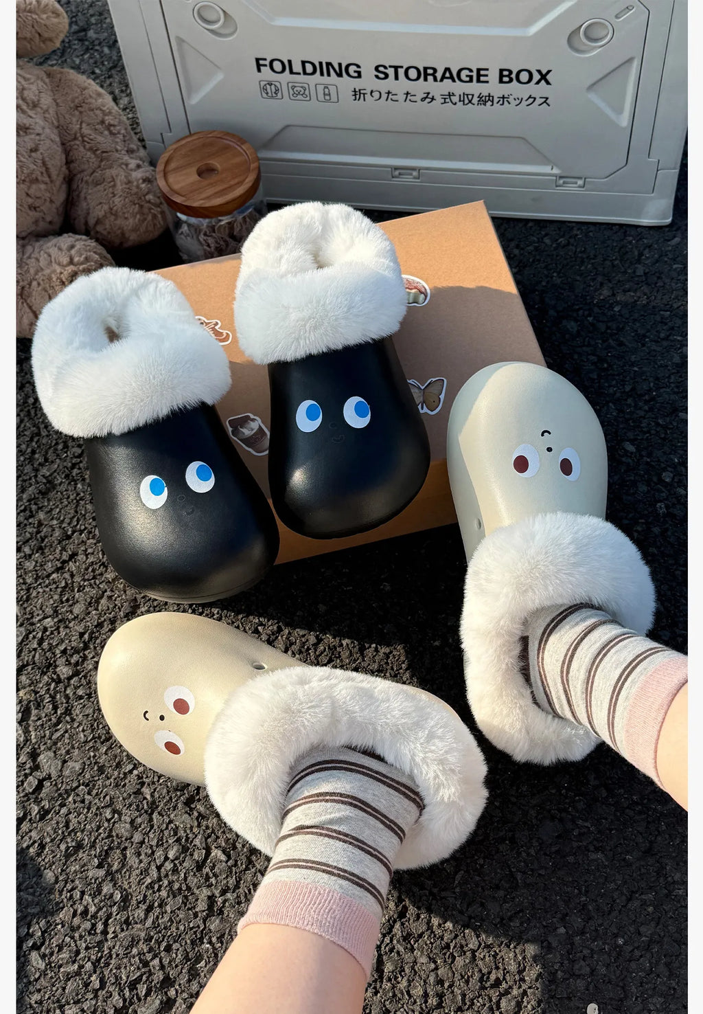SHAJI Women 2026 Smiley Face Waterproof Winter Slippers Closed Back