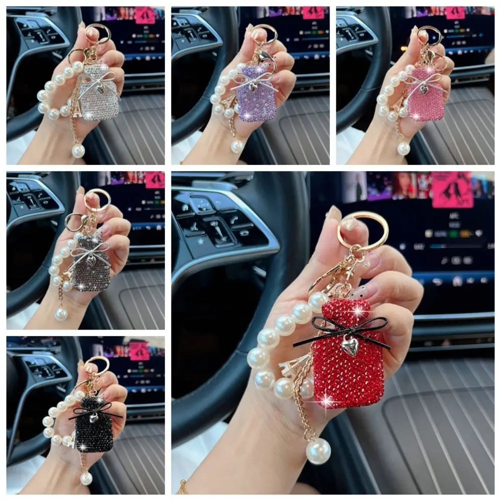 Charming Gift Bow Knot Shape Keychain Pearls Tassel Rhinestone Keyring Rhinestone Inlaid Cute Shape Shape Keyring Decor Zpaxo