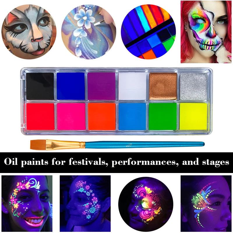12-color UV Luminous Face Body Painting Palette Brush Glow Neon Paint Zpaxo
