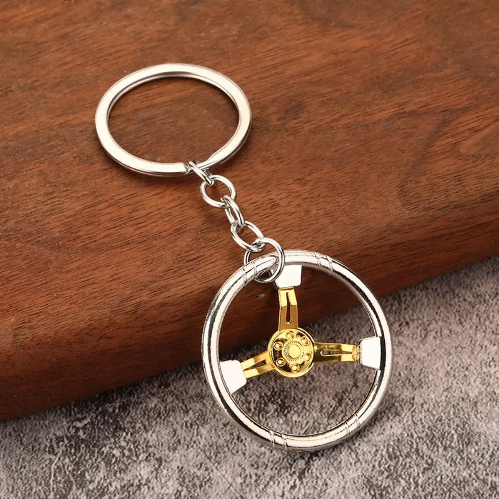 Racing Steering Wheel Key Ring Alloy Punk Car Refitting Pendant Three Color Backpack Decoration Keychain Zpaxo white-gold