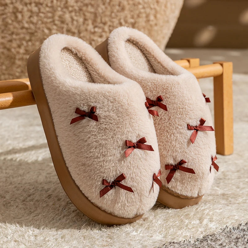 Fashion Women's Bow Slippers Winter Indoor Home Warm Non-slip EVA