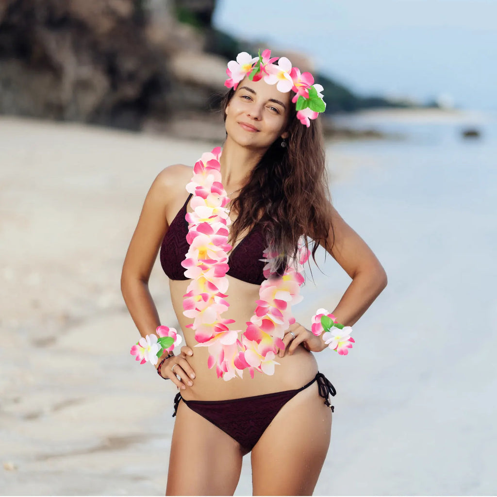 1Set Hawaiian Flower Leis Set Sweet Elegant Design Light Weight Comfortable Wear Festive Garland for Beach Party Holiday Medal Zpaxo