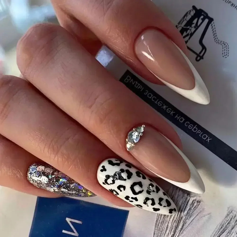 24pcs Long Almond False Nails French Leopard Star Press on Nails Fake Nails DIY Manicure Detachable Nail Tips Zpaxo JP3117