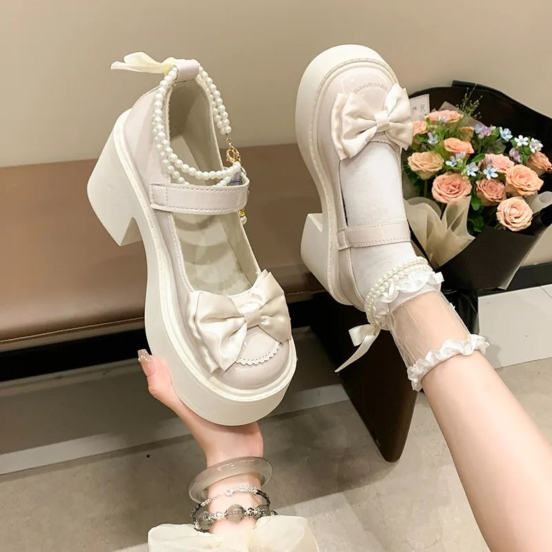 Women's Bow Embellishment Pearl Chain Thick Sole Heel Lolita Shoes Zpaxo Beige 40