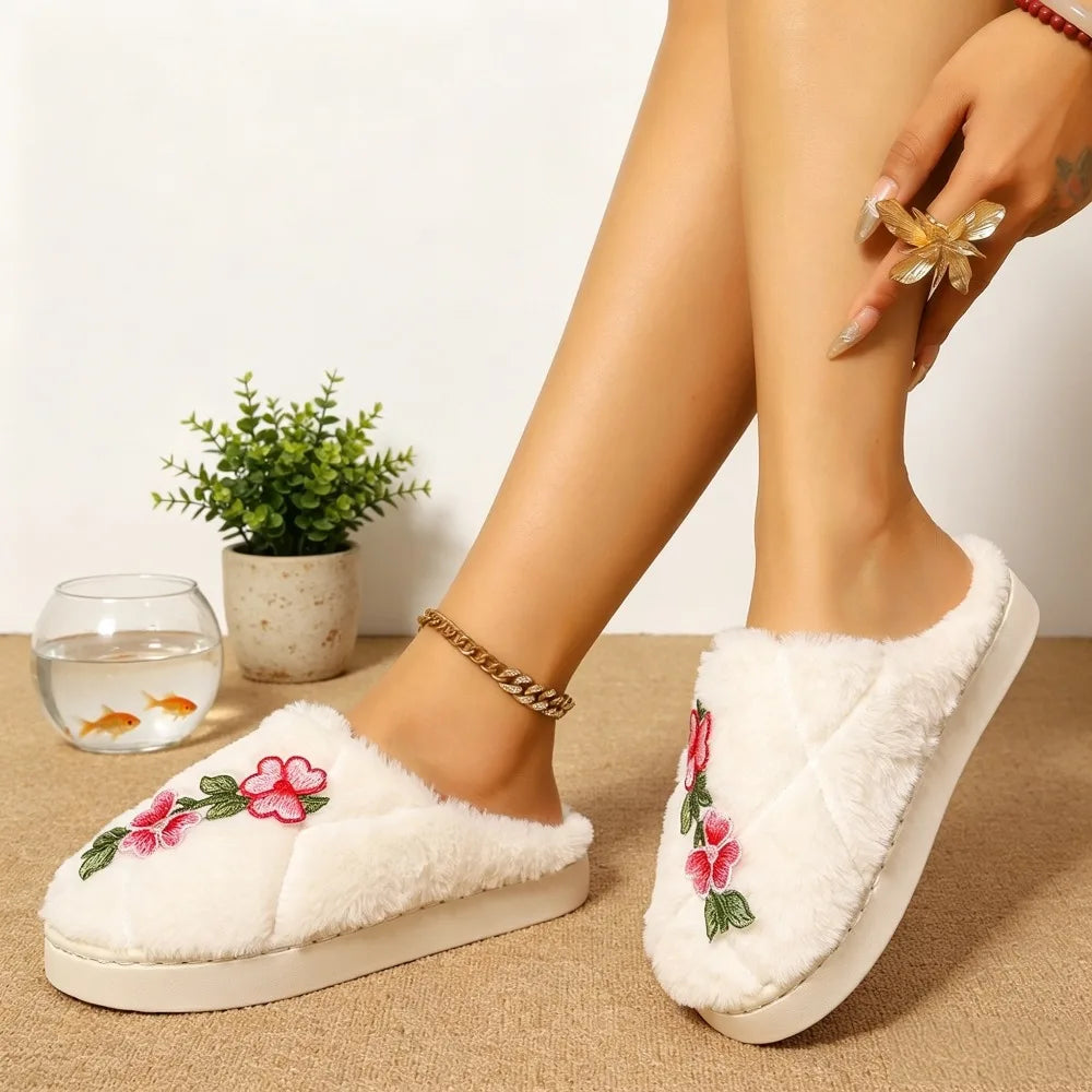 Cotton Slippers Women Flowers Slides Female Thick Bottom Soft Winter
