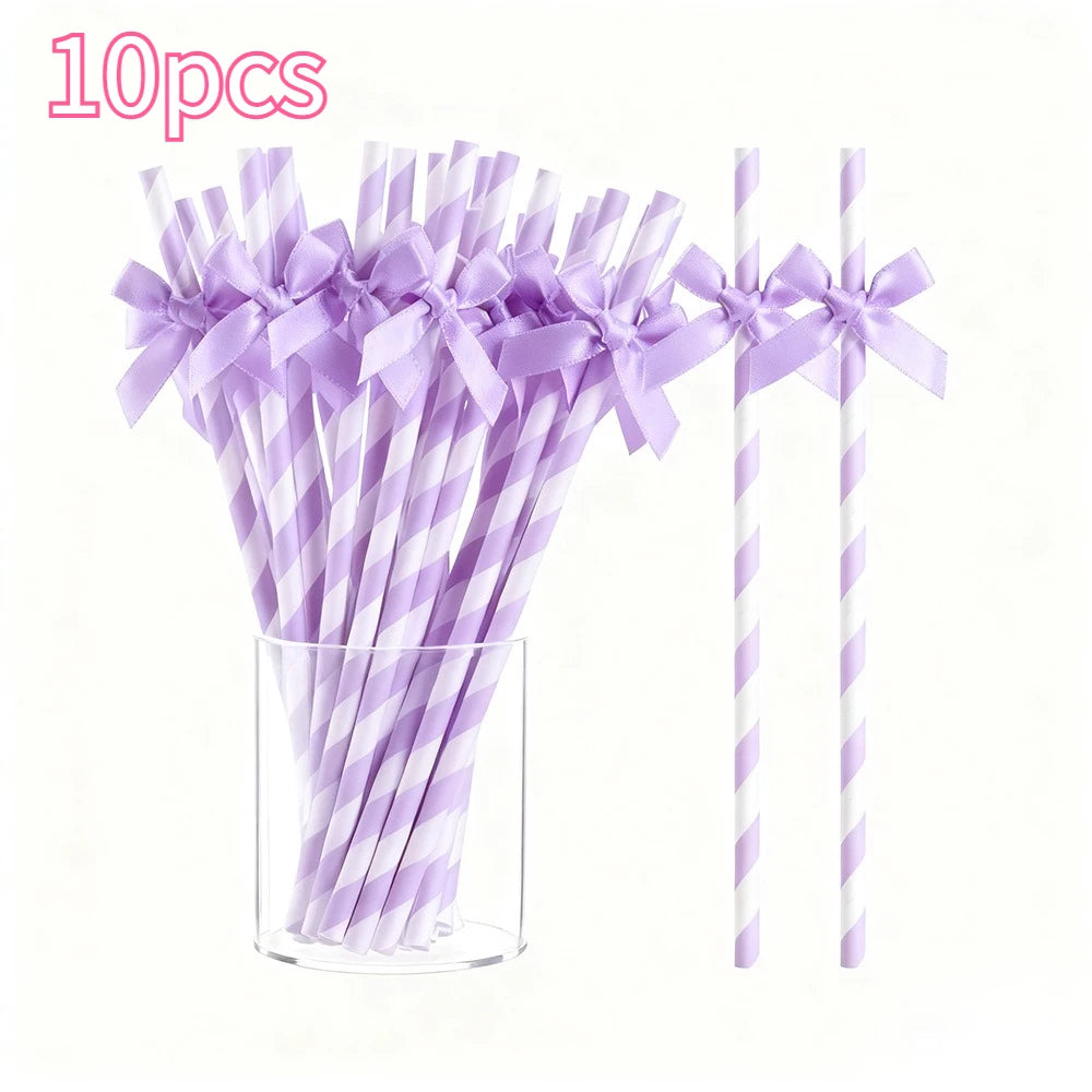 Pink Striped Bow Paper Straws Ribbon Labels Disposable Party Drinking