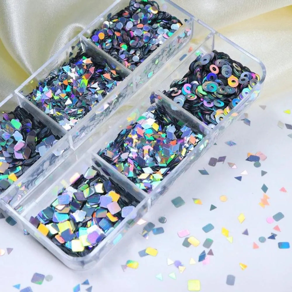 6 Grids Nail Enhancement Laser Glitter Geometric Patterns DIY Manicure Tools Nail Art Sequins Nail Decoration Nail Charms Zpaxo