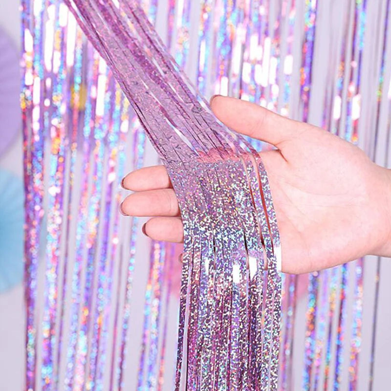 2M Glitter Pink Metallic Foil Tinsel Curtain Backdrop Birthday