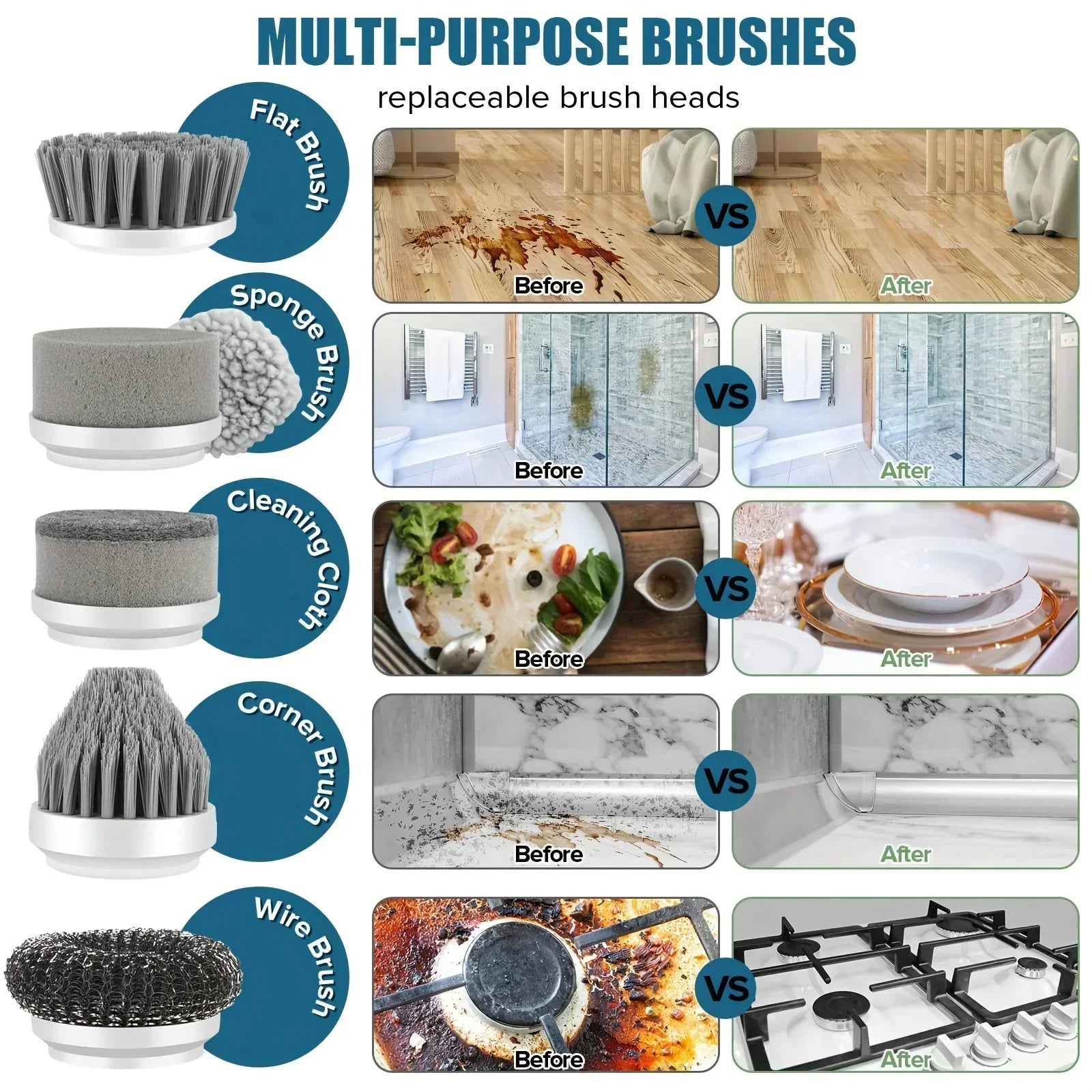 Electric Spin Scrubber Cordless 5 Replaceable Brush Heads Cleaning
