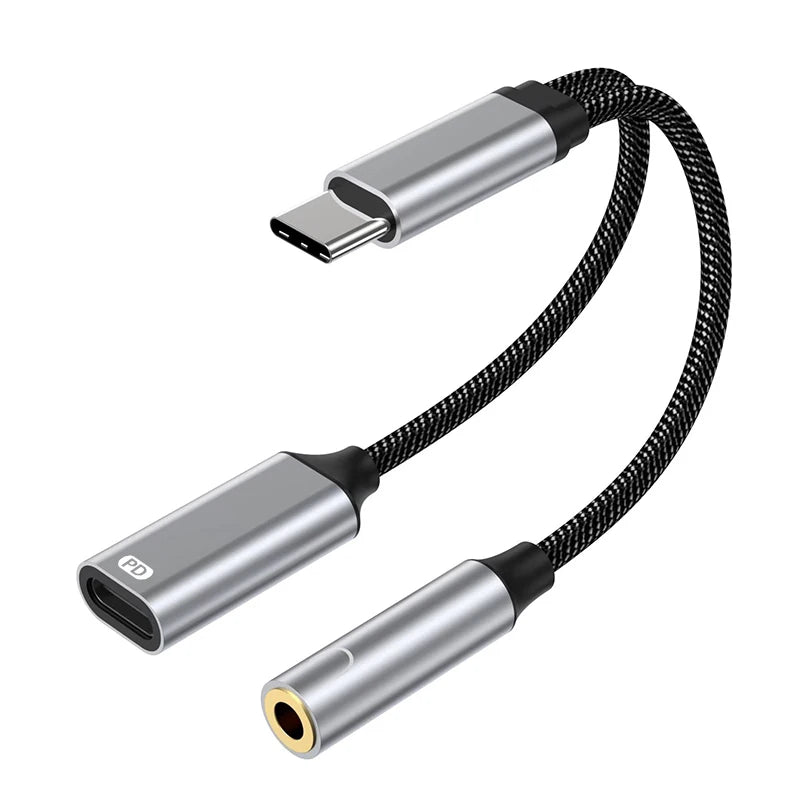 2 In 1 USB C to 3.5mm Headphone And Charger Adapter USB C PD 3.0 Port to Aux Audio Jack With PD Fast Charging Dongle Cable Cord Zpaxo Grey