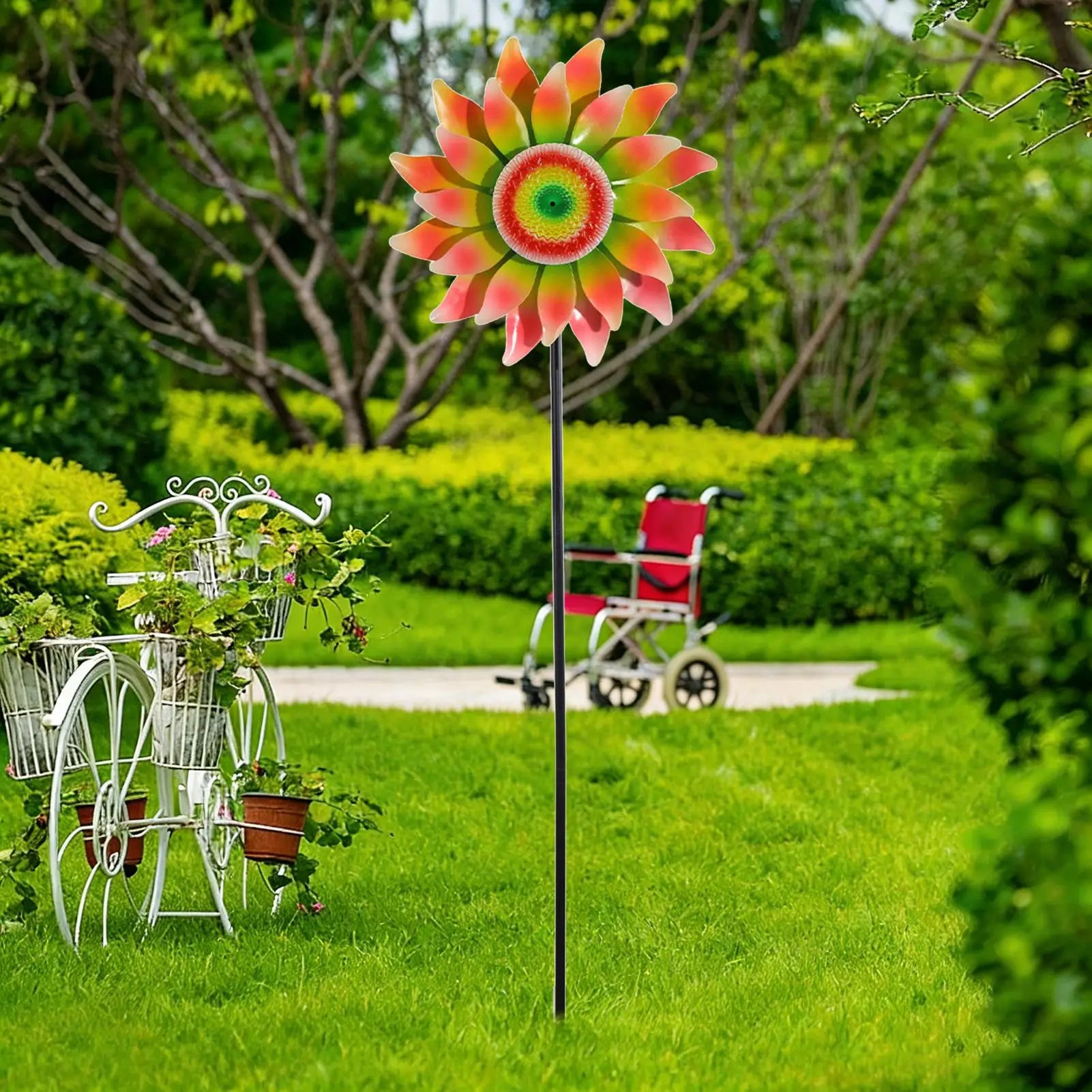 Garden Wind Spinners Metal Flower Windmill Stake Spinner Yard Outside