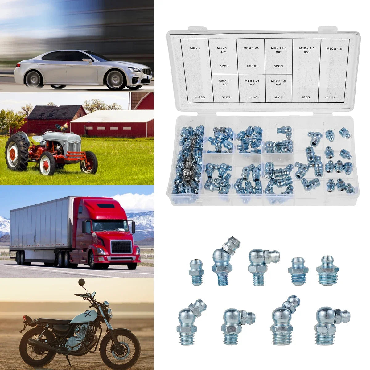 110 Pcs Grease Nipple Fittings Assortment Kit Straight 45/90-Degree Angled Galvanized Metal Grease Nipple Set M6 M8 M10 for Moto Zpaxo
