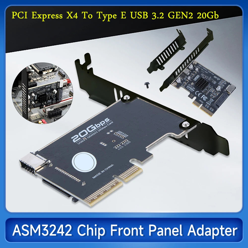 PCIE to Type-E Expansion Card PCI Express X4 to Type E USB 3.2 GEN2 20Gb Riser Board ASM3242 Chip for Desktop Front Panel Type C Zpaxo