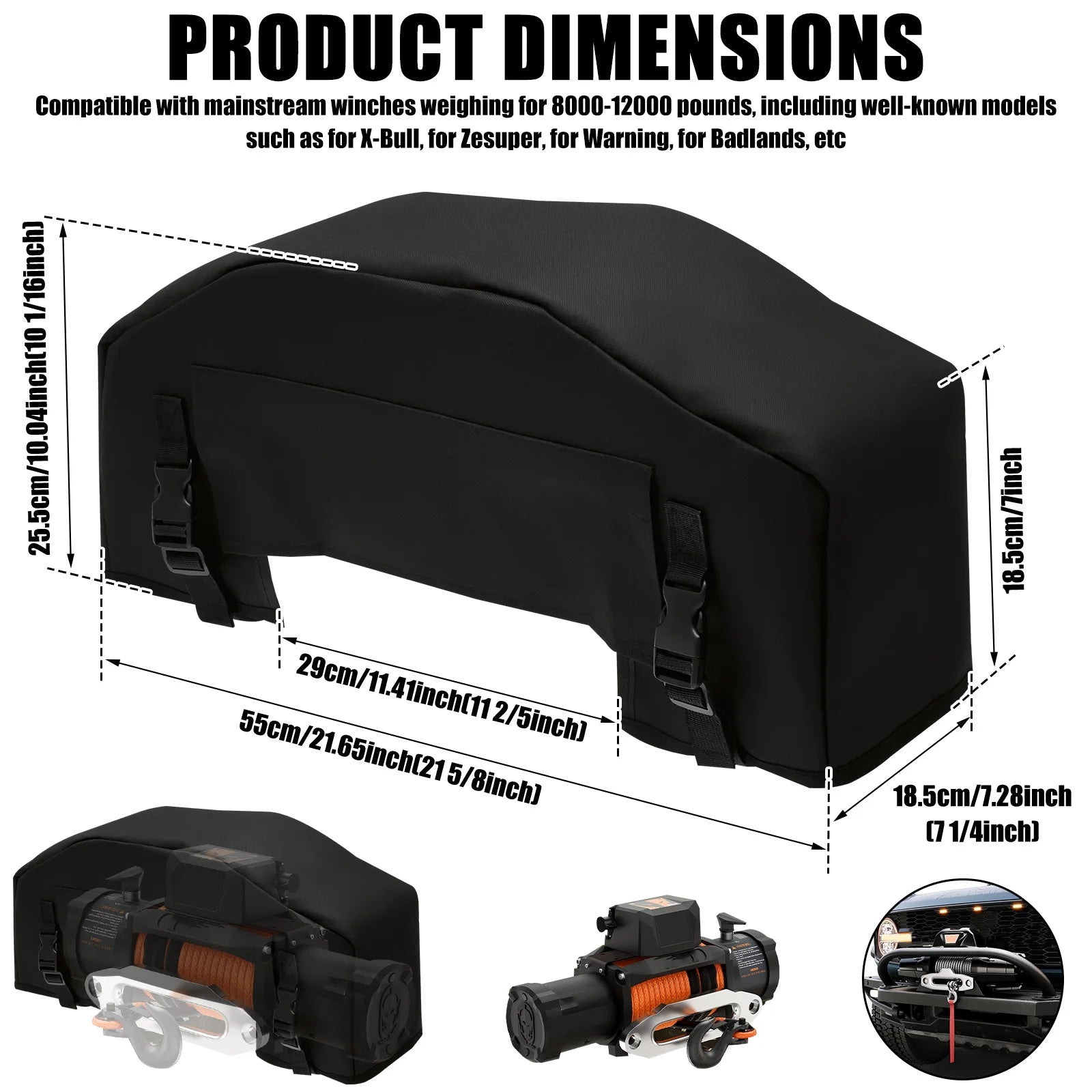 Winch Cover 8000-12000 Lbs Waterproof Oxford Fabric Universal Electric Winch Protector Heavy Duty Dustproof Case for SUV 4x4 Off Zpaxo 55x25.5x18.5cm