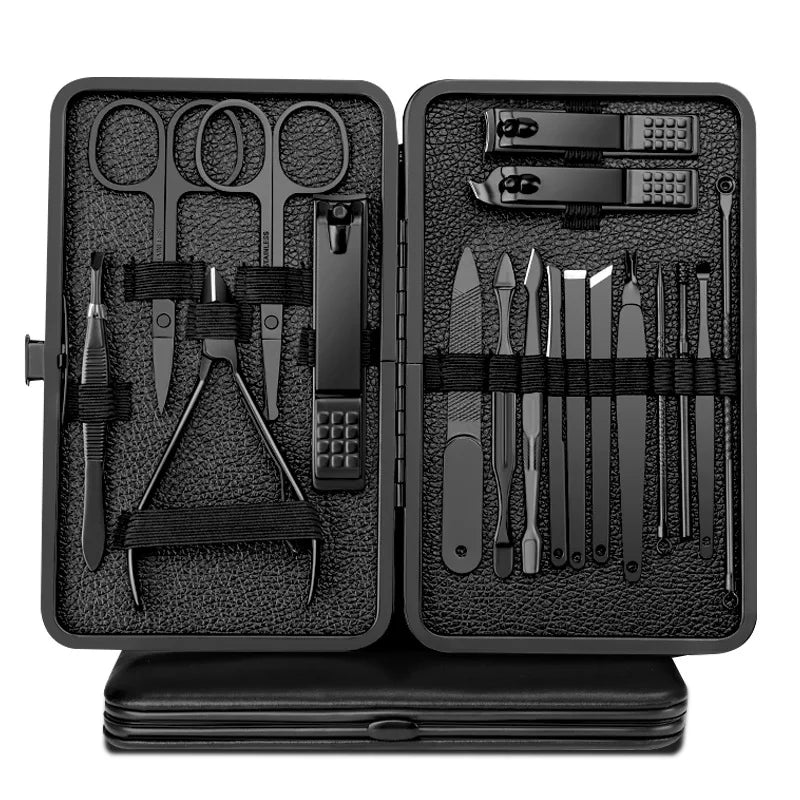 18 pcs Black stainless steel nail clipper set, nail clipper, leather clipper, foot trimmer, acne needle, beauty tool Zpaxo black 18 pcs