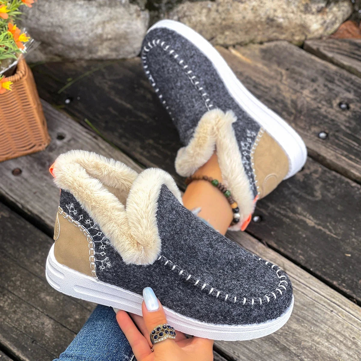 Women Cotton Shoes New 2025 Slip-On Winter Boots Thickened Fluff Lined Flat Bottom Snow Boots Warm Round Toe Leisure Shoes Zpaxo Dark Grey 40