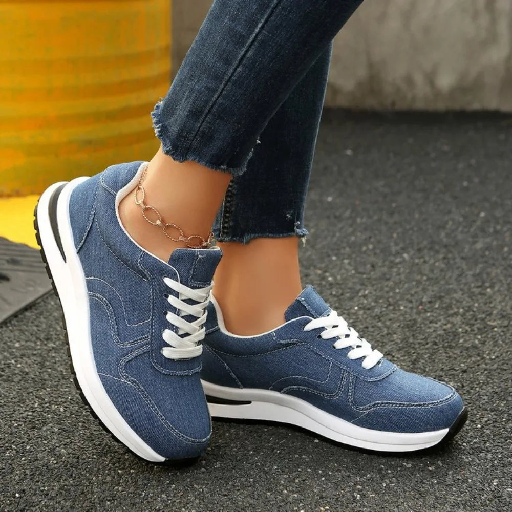 Blue Denim Platform Sneakers Women Fashion Thick Sole Lace Up Sports