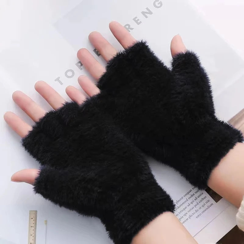 Women Men Half Finger Winter Imitation Mink Cashmere Gloves Touch Screen Writing Woolen Warm Mittens For Driving Outdoor Sports Zpaxo