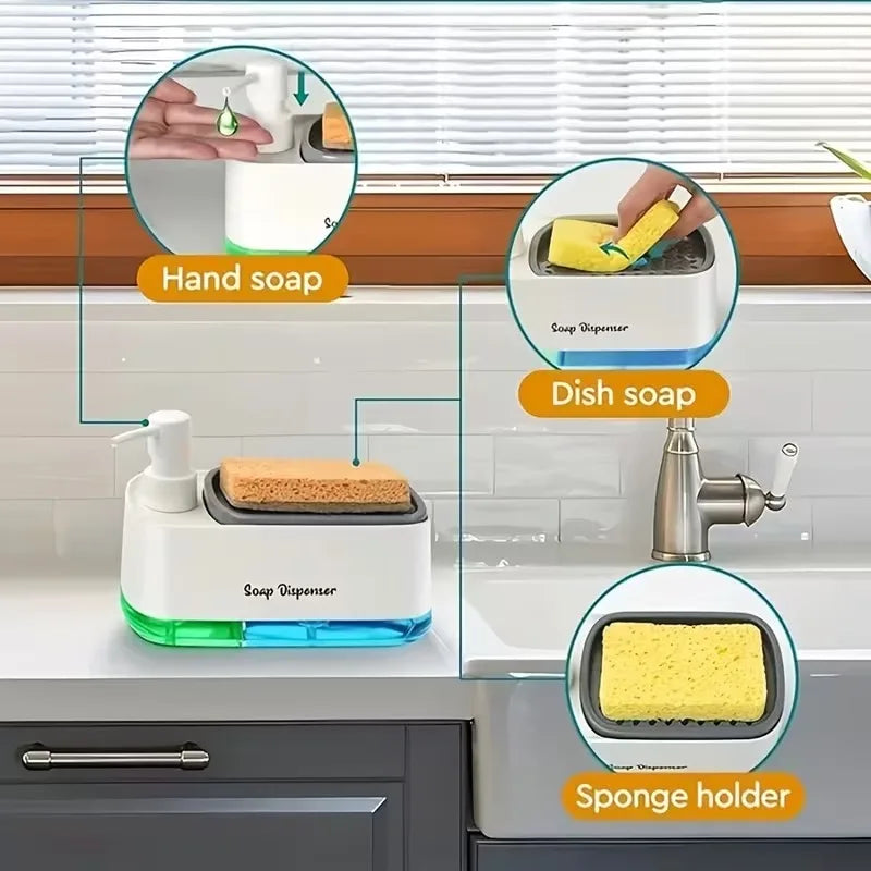 3-in-1 Kitchen Soap Dispenser Dual Pump Sponge Holder Efficient