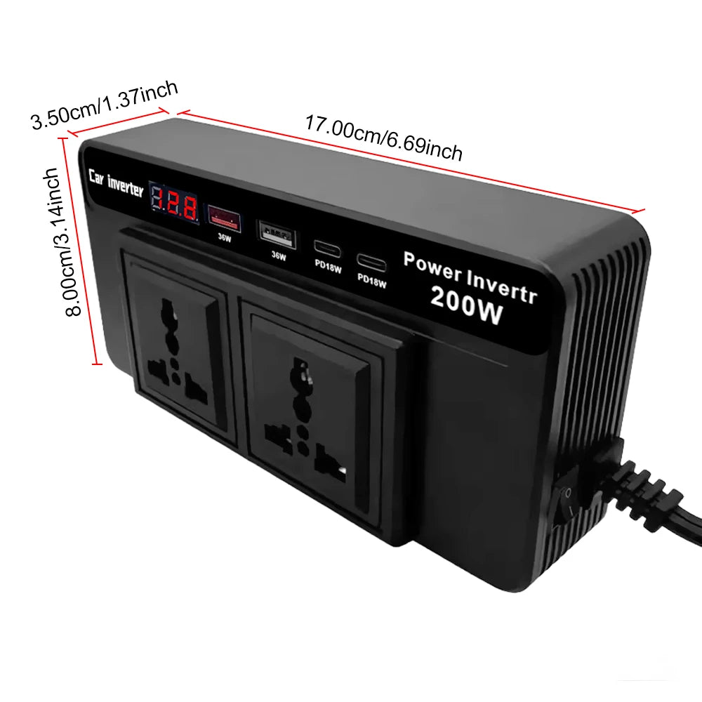 Car Inverter Digital Display QC 3 0 DC 12V AC 220V 200W USB Type-c