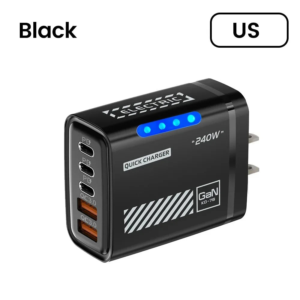 240W 5 Ports Type-c USB Fast Charger EU US Plug QC3 0 Wall LED Light