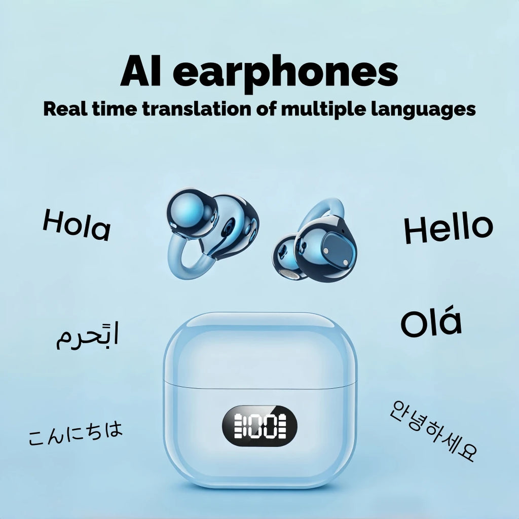 AI Translator Earbuds Clip-on Open Ear Headphones Wireless Bluetooth