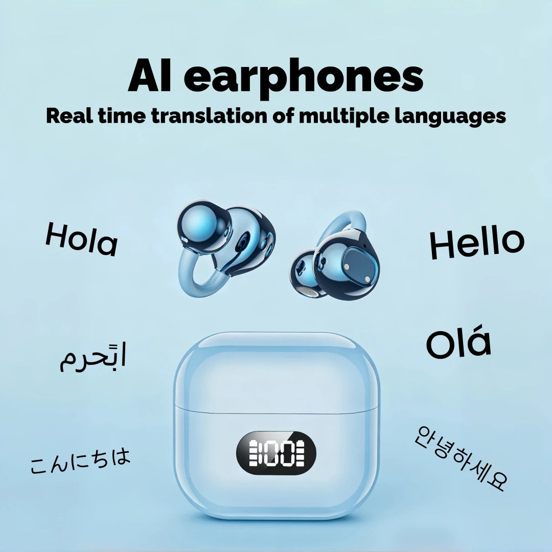 AI Translator Earbuds Clip-on Open Ear Headphones Wireless Bluetooth