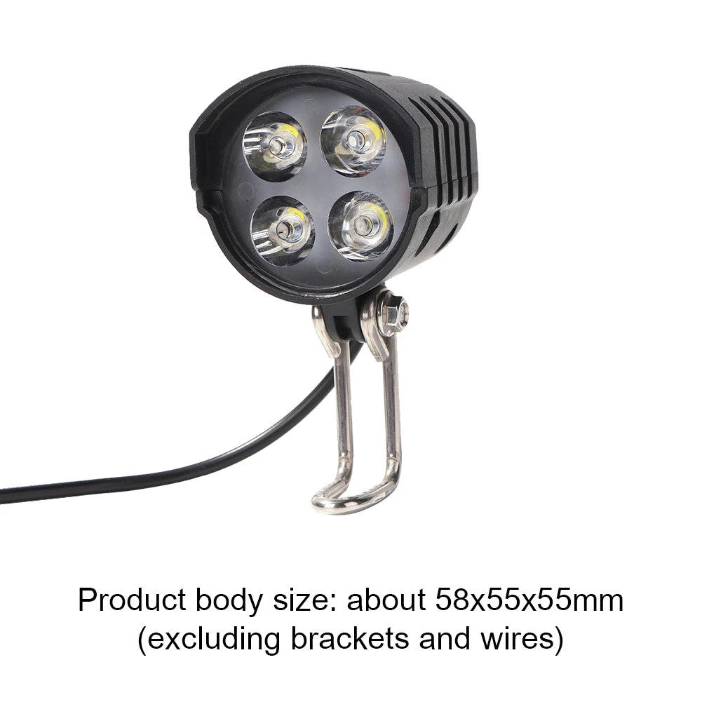 36V 48V 60V E-Bike Horn Light Electric Bicycle 4 LED Headlight 12W Waterproof 2 in 1 Horn and Light Switch Bicycle Flashlight Zpaxo Black
