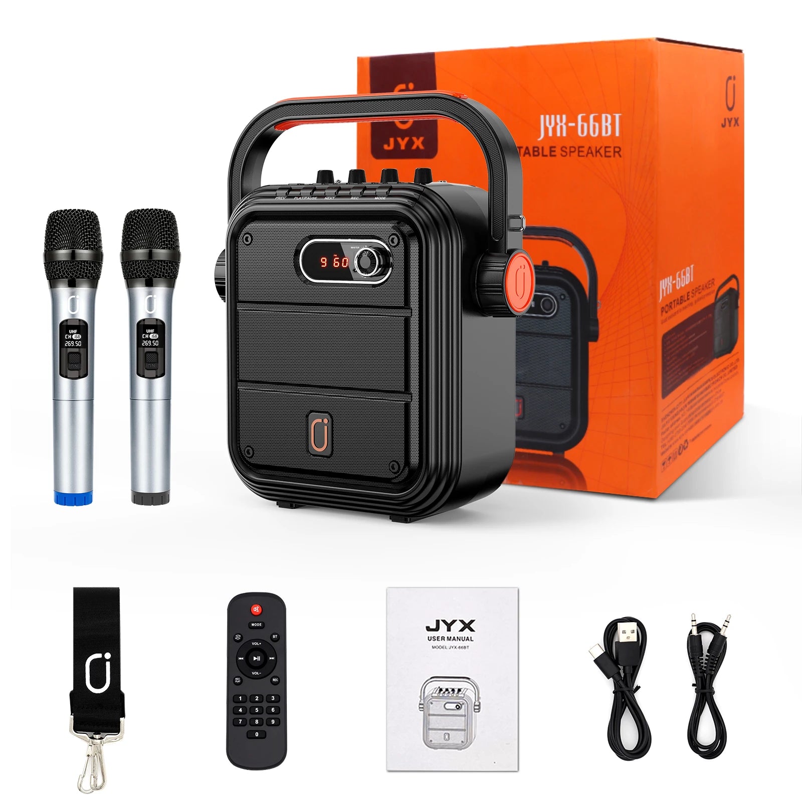 JYX Karaoke Machine 2 UHF Wireless Microphones Portable Bluetooth