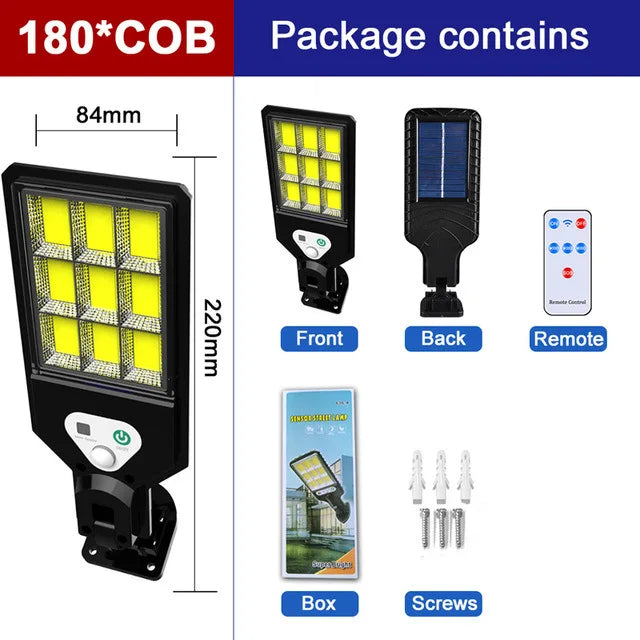 Solar Street Lights with Motion Sensor Outdoor Patio LED/COB Lamp Waterproof Remote Control Security Lighting Light for Garden Zpaxo 3-180COB