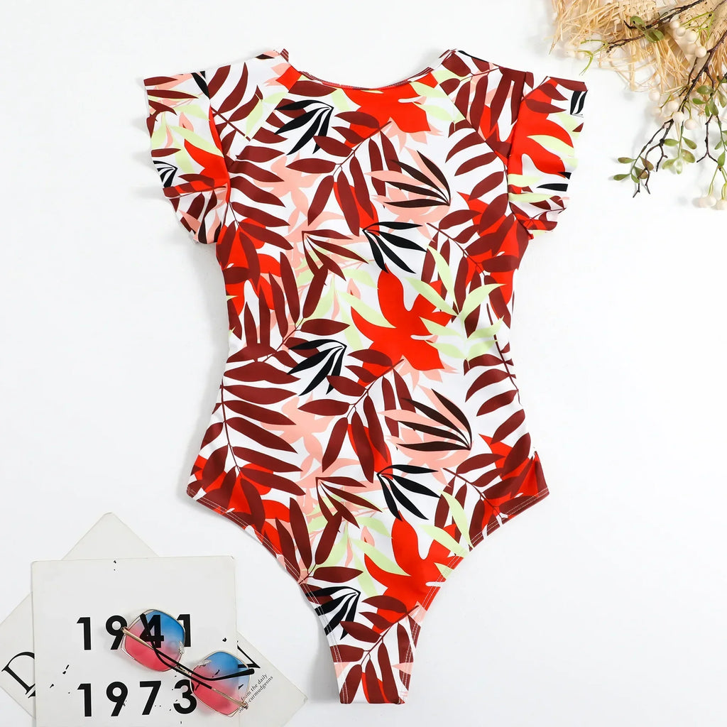 Women's One-Piece Swimsuit Short Dress | Zipper Bandeau Print