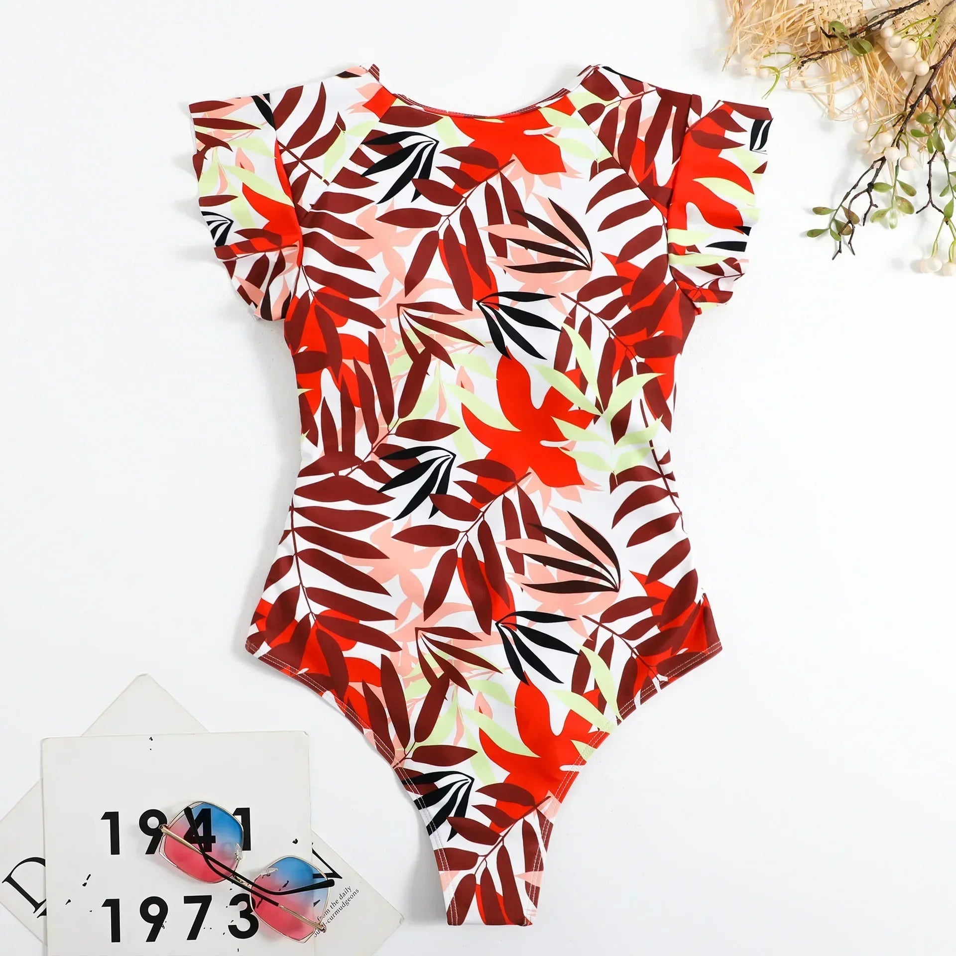 Women's One-Piece Swimsuit Short Dress | Zipper Bandeau Print