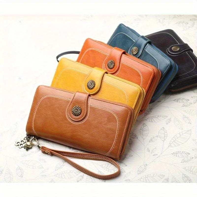 Long Wallet Clutch Bag Women Vintage Greased Leather Large Capacity