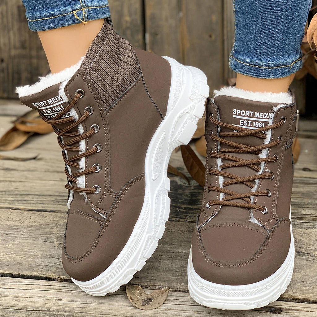Winter Students Flat Boots Walking Pure Color Lace-up Boots Shoes Casual Sports Shoes Women Warm Boots Mid Heels Shoes Zpaxo