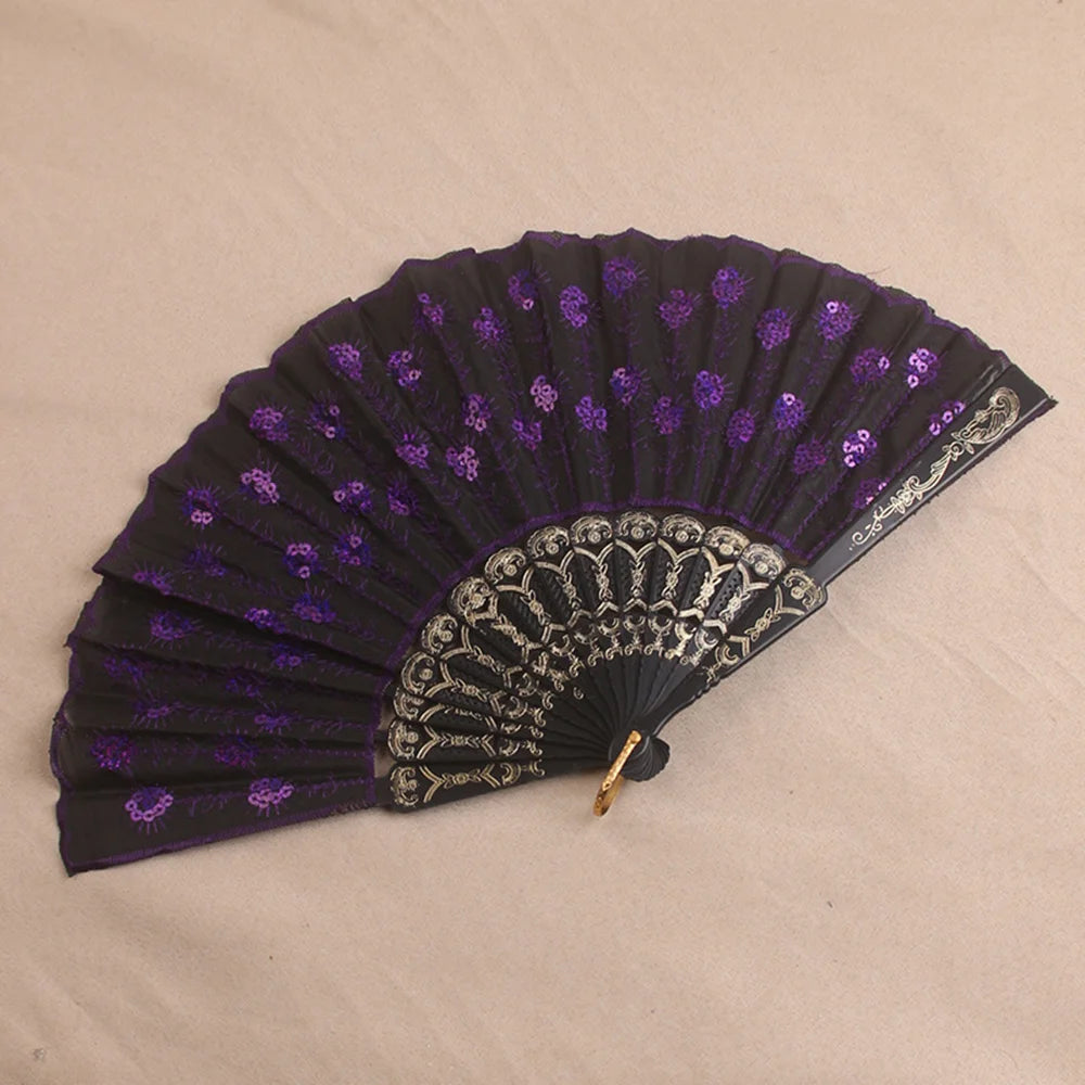 Silk Peacock Sequin Folding Fan – Dance, Wedding & Decor