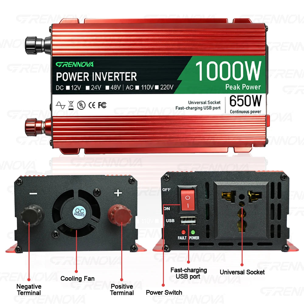 Grennova 1000W True Rated Power Inverter DC 12V/24V/48V to 110V/220V AC Converter for Road Trip & Camping w/ USB & AC Outlets Zpaxo