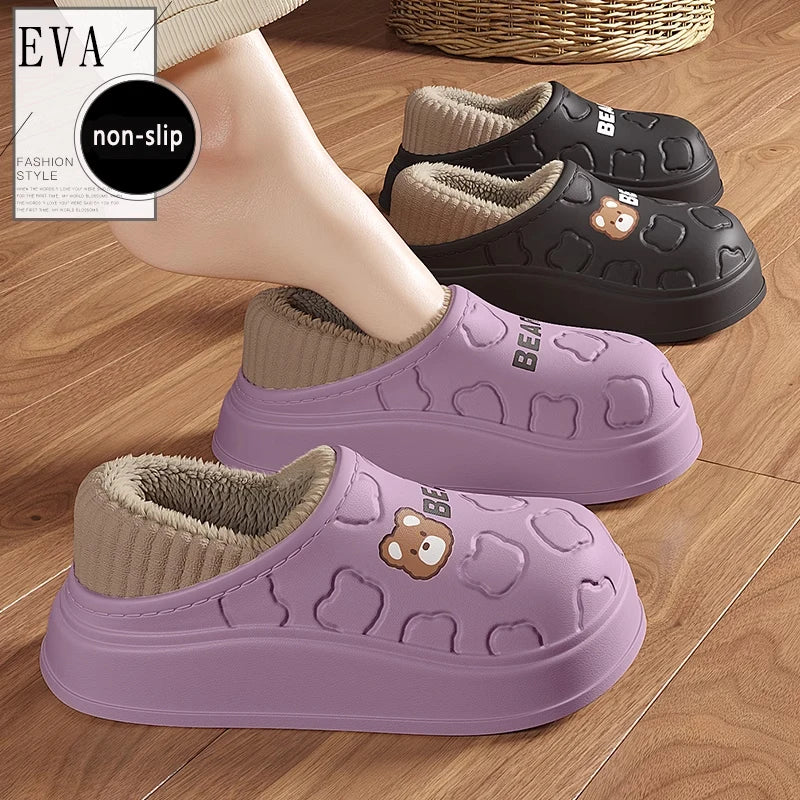 Cute Bear Waterproof Cotton Slippers Women Warm Lightweight Anti Slip
