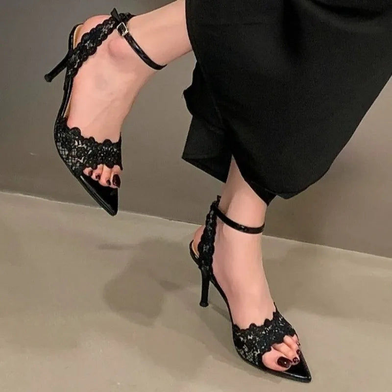Luxury Lace Embroidery Sandals Women S Sexy Pointed Toe Heels Elegant Zpaxo