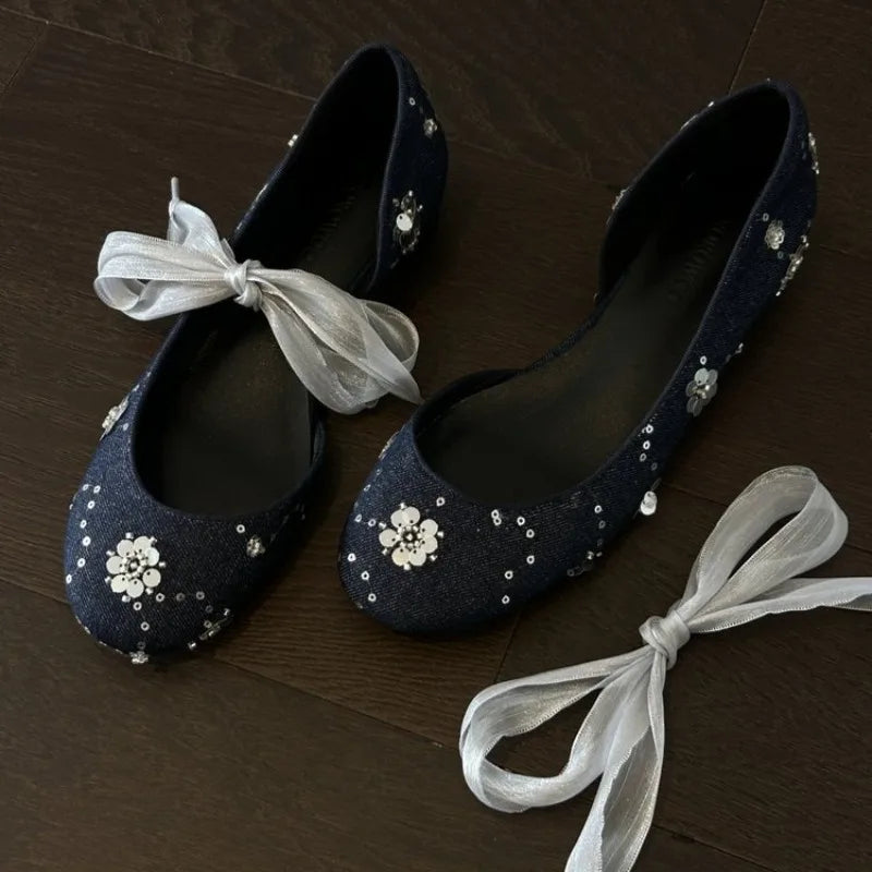 Spring Autumn Women's Round Closed Toe Sequin Decoration Single Shoes Zpaxo