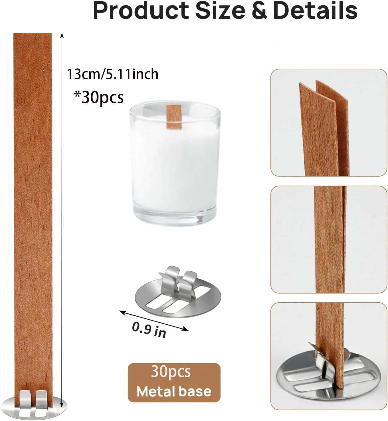 30-Pack Wooden Candle Wicks with Metal Base | Candle Making Candle Making Wicks Zpaxo 13CM