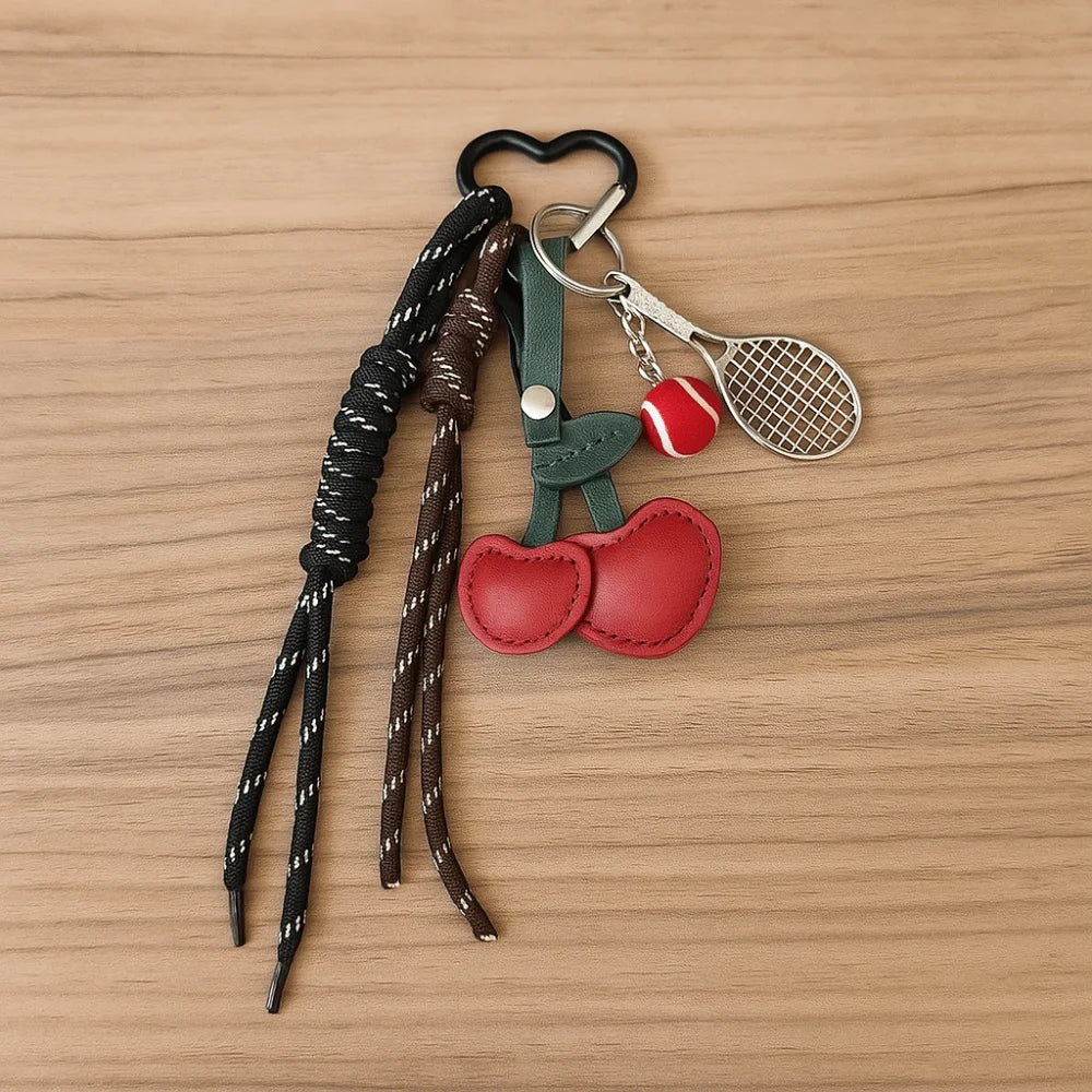 Girl Heart Braided Rope Keychain Hand-Woven Anti-Lost Cherry Shaped Bag Pendant Ornament Handmade Tennis Racket Key Chain Zpaxo