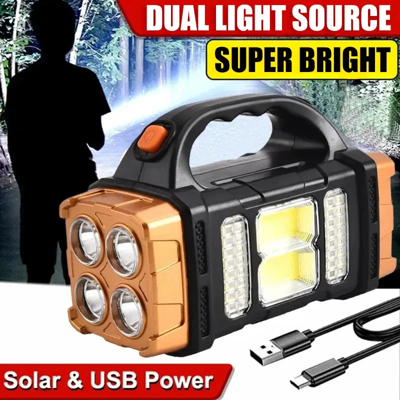 Solar USB Rechargeable LED Flashlight + COB Work Light & Power Bank